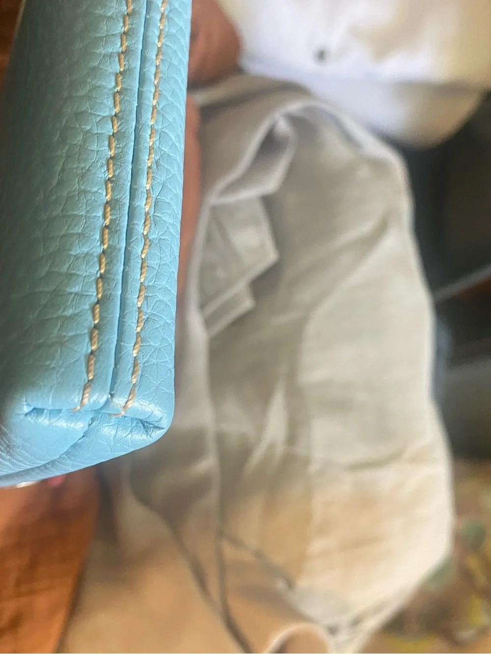 Dooney & Bourke Light Blue Pebbled Leather Clutch with Brown Trim
